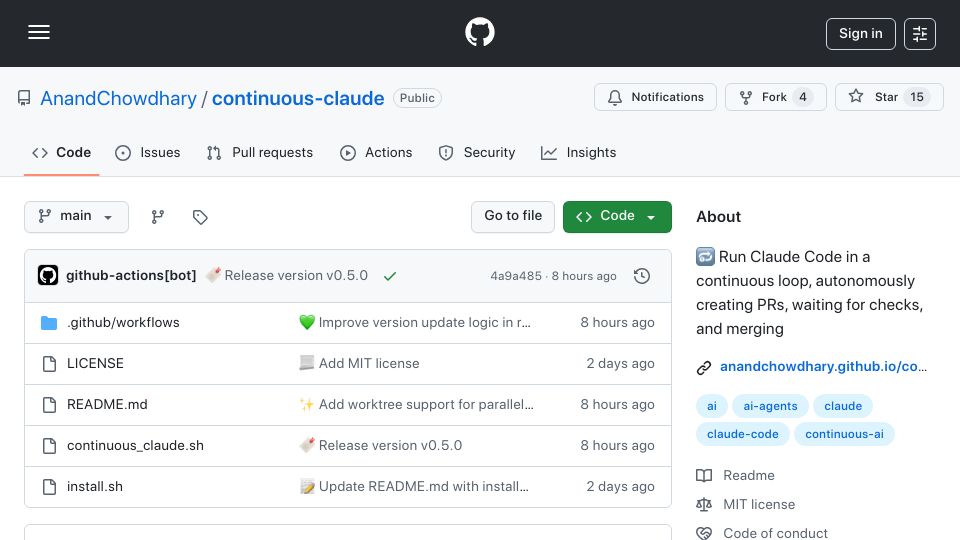Screenshot of github.com: Show HN: Continuous Claude – run Claude Code in a loop