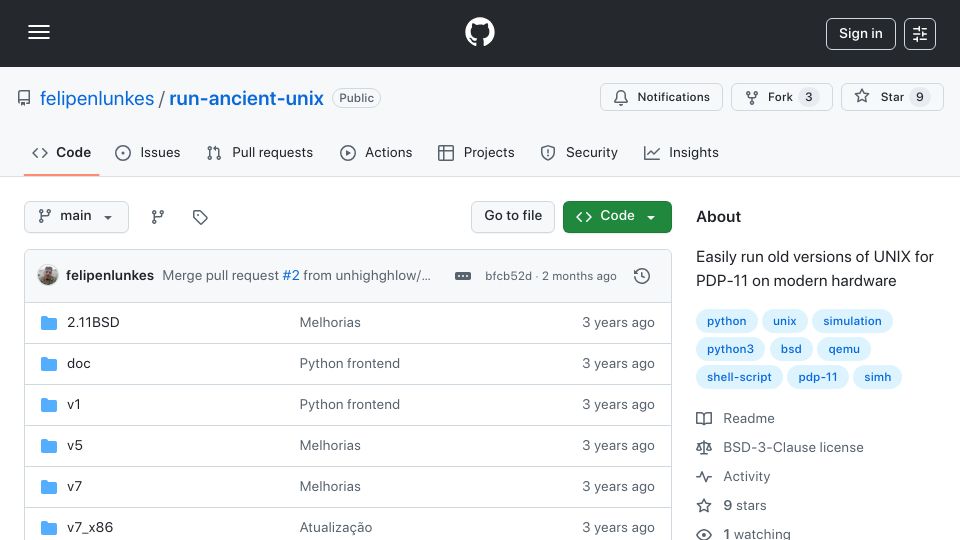 Screenshot of github.com: Run ancient UNIX on modern hardware