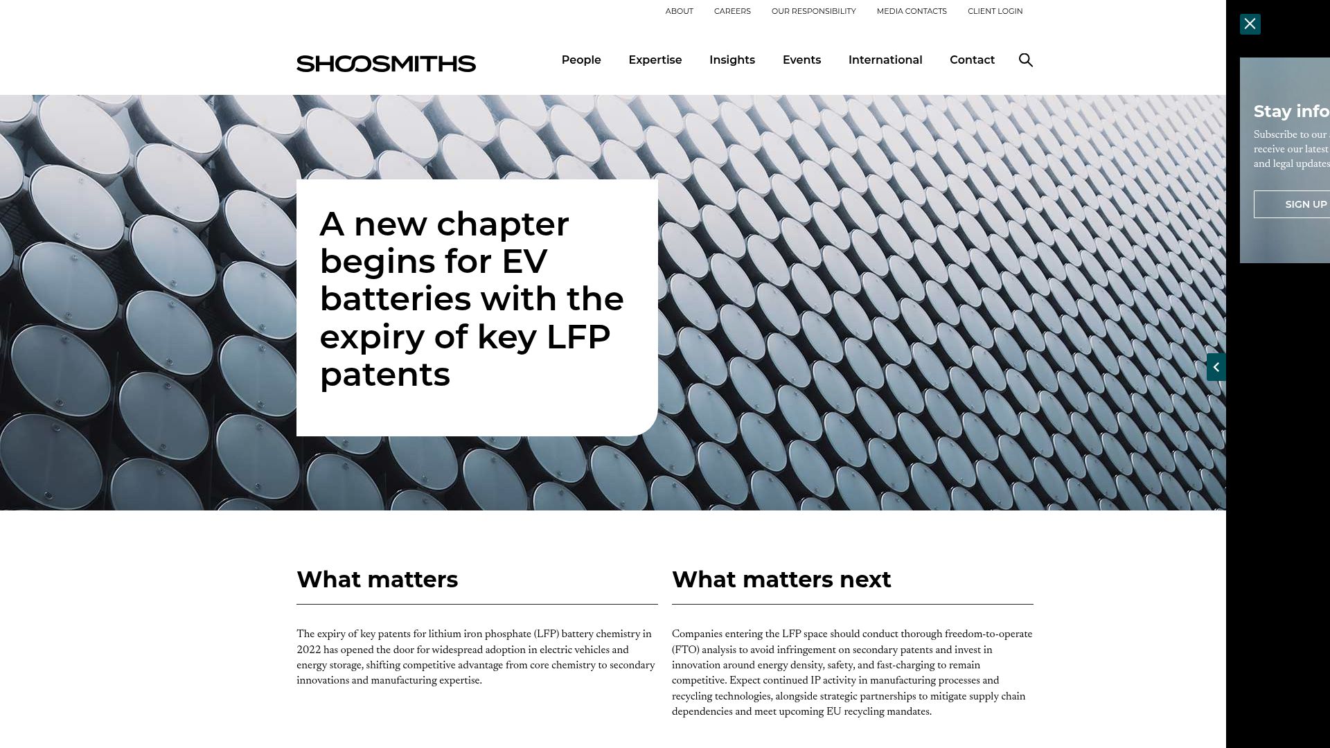 Screenshot of shoosmiths.com: A new chapter begins for EV batteries with the expiry of key LFP patents