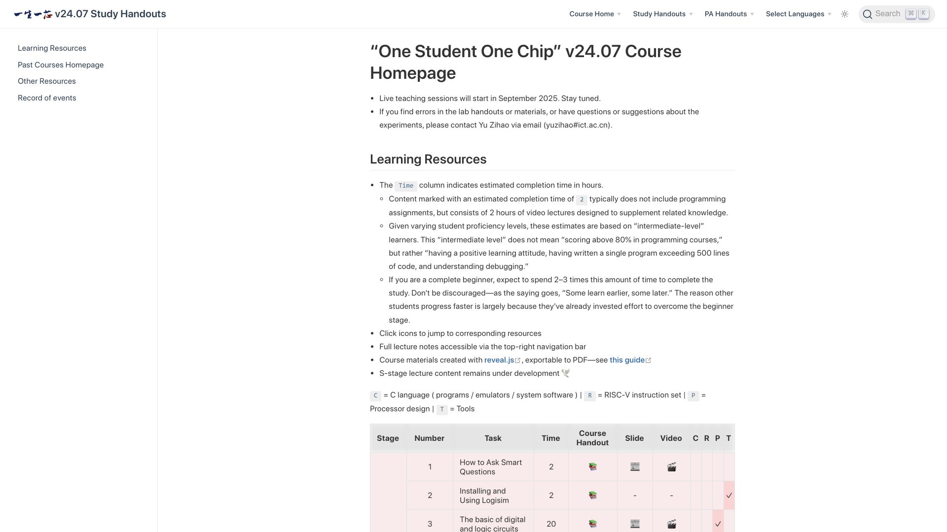 Screenshot of ysyx.oscc.cc: “One Student One Chip” Course Homepage