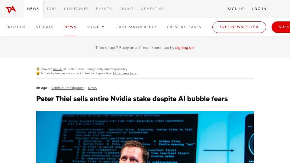 Screenshot of techinasia.com: Peter Thiel has sold his stake in Nvidia