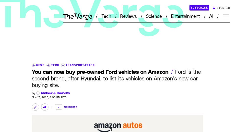 Screenshot of theverge.com: You can now buy used Ford vehicles on Amazon