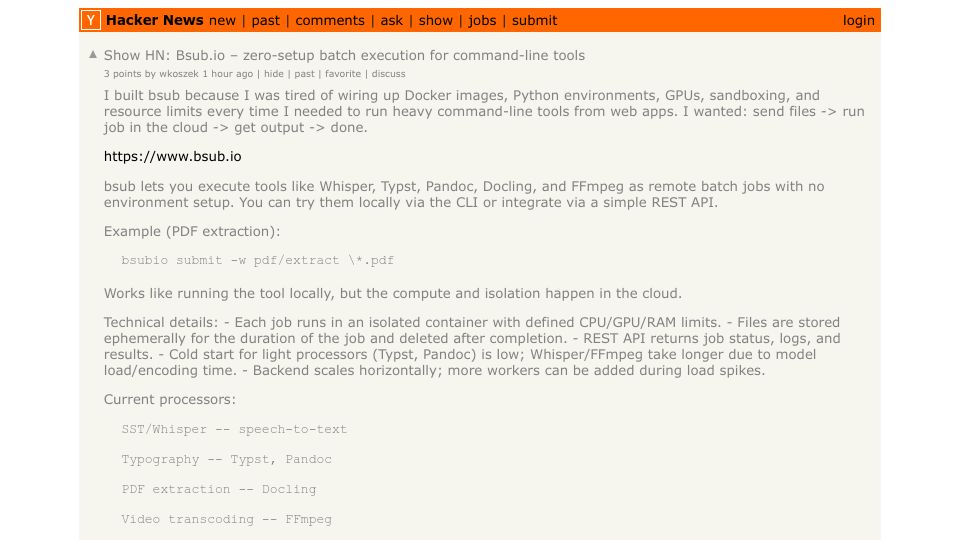 Screenshot of Hacker News post: Show HN: Bsub.io – zero-setup batch execution for command-line tools