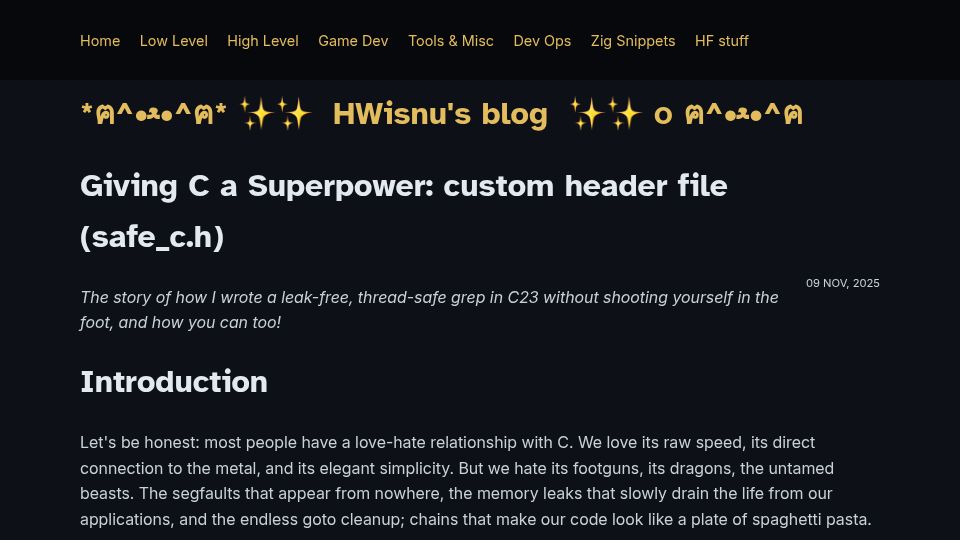 Screenshot of hwisnu.bearblog.dev: Giving C a superpower: custom header file (safe_c.h)