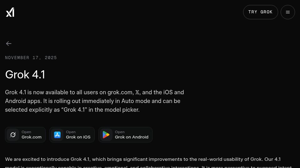 Screenshot of x.ai: Grok 4.1