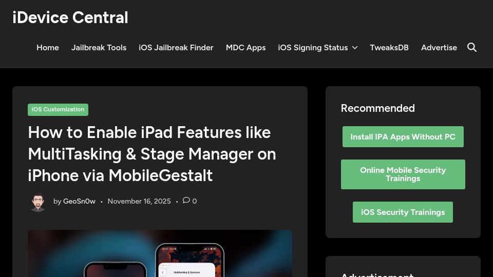 Screenshot of idevicecentral.com: People are using iPad OS features on their iPhones