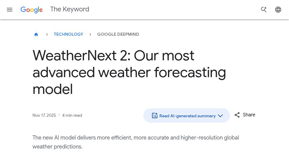 Screenshot of blog.google: WeatherNext 2: Our most advanced weather forecasting model