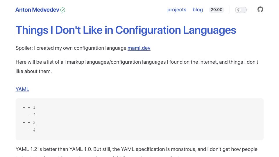 Screenshot of medv.io: Things I don't like in configuration languages