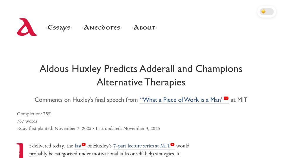 Screenshot of angadh.com: Aldous Huxley predicts Adderall and champions alternative therapies