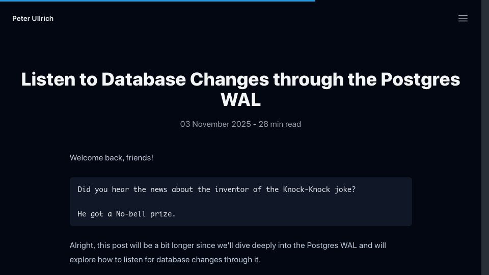 Screenshot of peterullrich.com: Listen to Database Changes Through the Postgres WAL