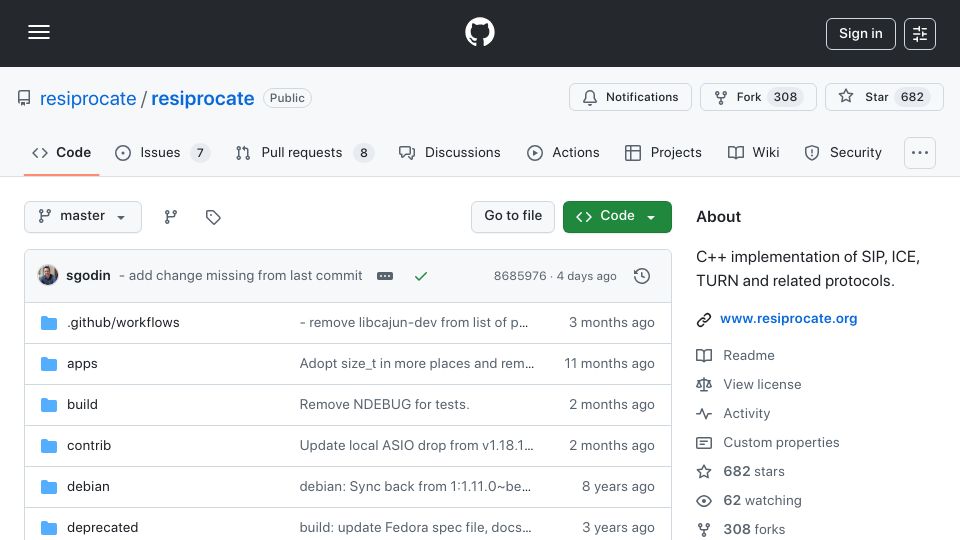 Screenshot of github.com: C++ implementation of SIP, ICE, TURN and related protocols