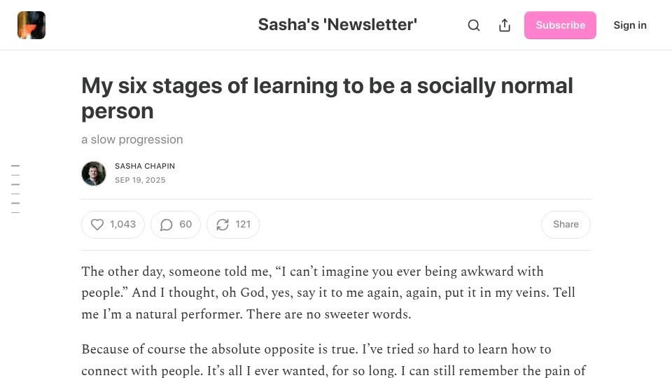 Screenshot of sashachapin.substack.com: My stages of learning to be a socially normal person