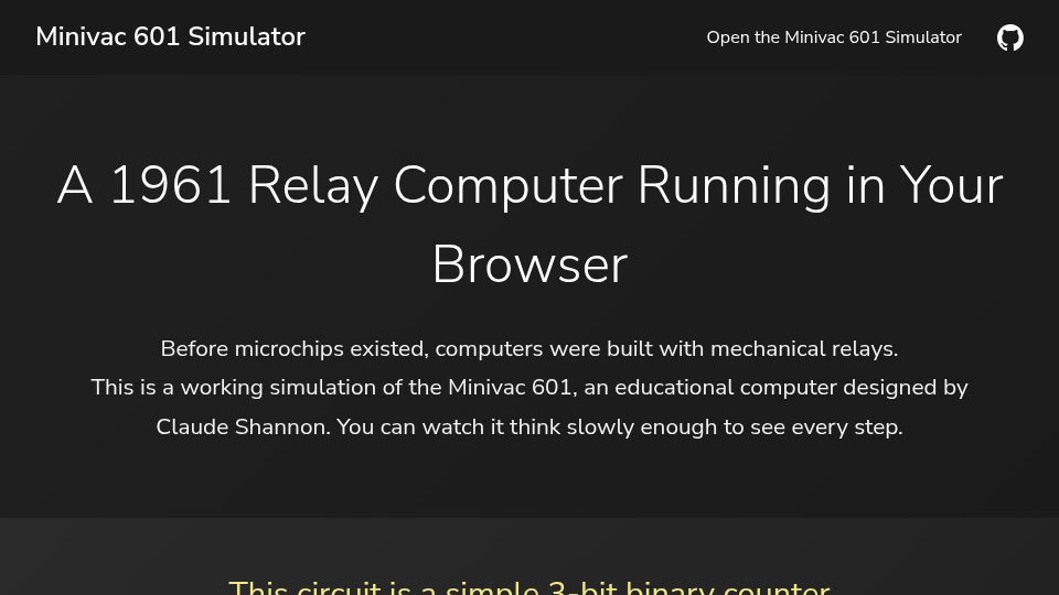 Screenshot of minivac.greg.technology: A 1961 Relay Computer Running in the Browser