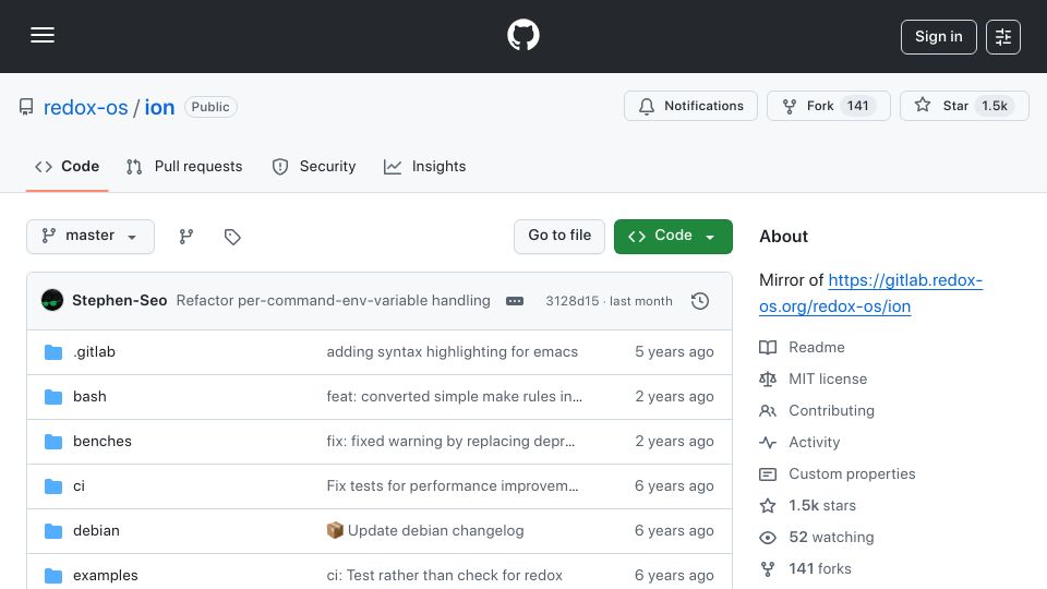 Screenshot of github.com: Ion: Modern System Shell in Rust