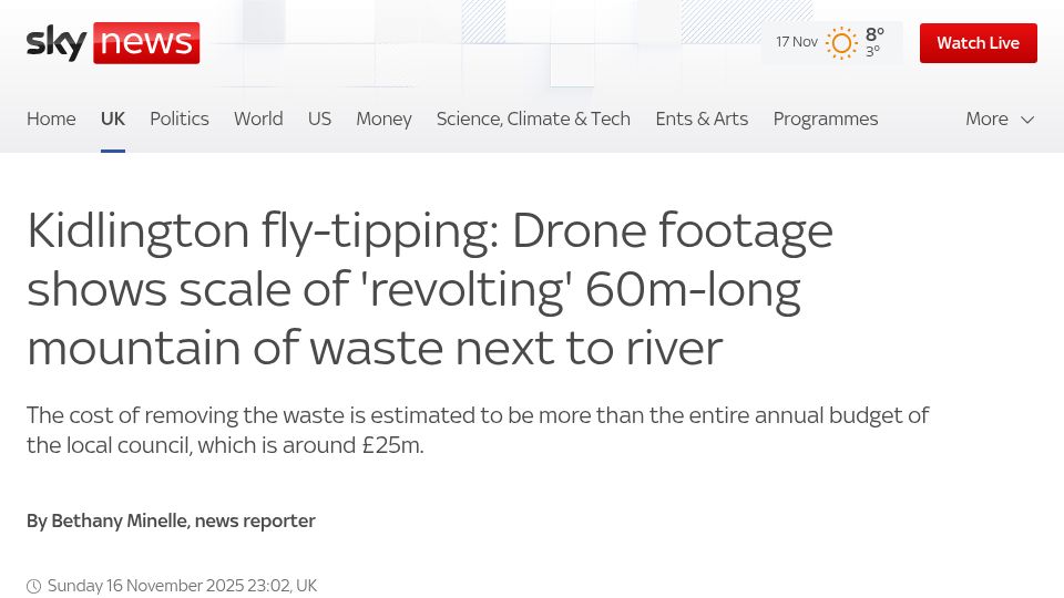 Screenshot of news.sky.com: Drone footage shows scale of revolting 60M-long mountain of waste next to river