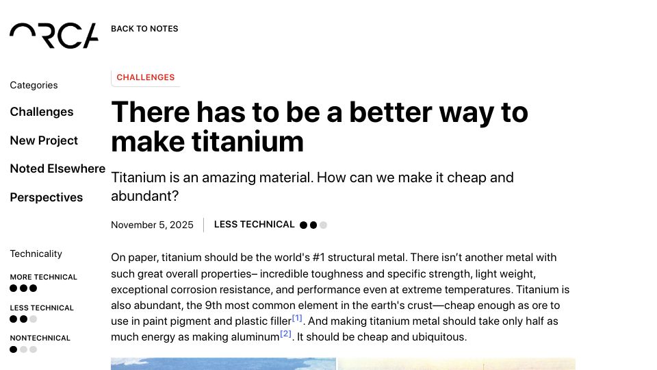 Screenshot of orcasciences.com: There has to be a better way to make titanium