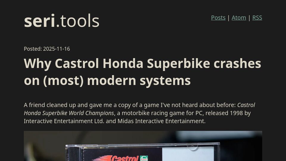 Screenshot of seri.tools: Why Castrol Honda Superbike crashes on (most) modern systems