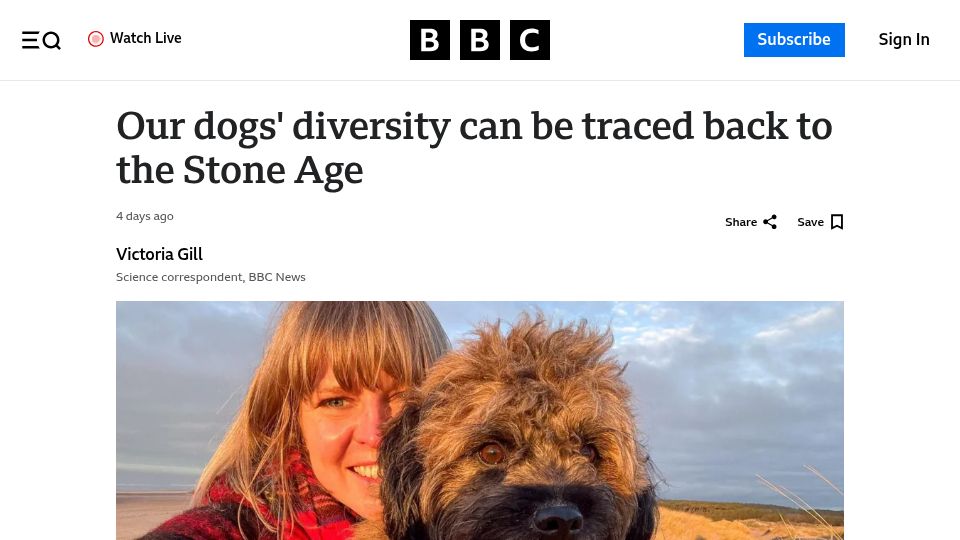 Screenshot of bbc.com: Our dogs' diversity can be traced back to the Stone Age