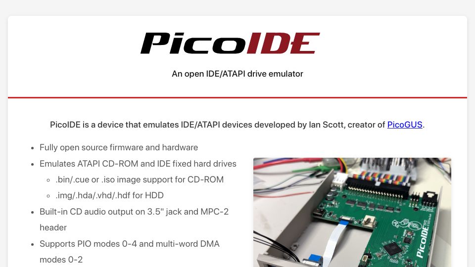Screenshot of picoide.com: PicoIDE – An open IDE/ATAPI drive emulator