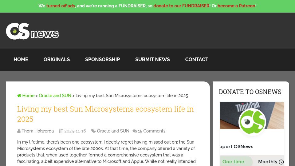 Screenshot of osnews.com: Living my best Sun Microsystems ecosystem life in 2025