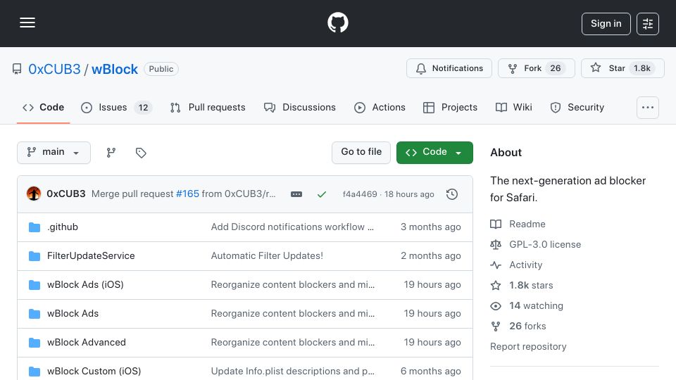 Screenshot of github.com: WBlock: A New Ad-Blocker for Safari