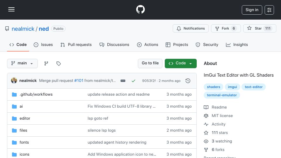 Screenshot of github.com: Ned: ImGui Text Editor with GL Shaders