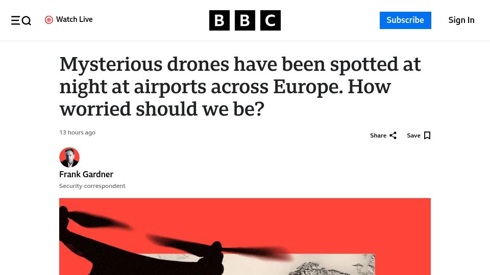 Screenshot of bbc.co.uk: Mysterious drones have been spotted at airports across Europe
