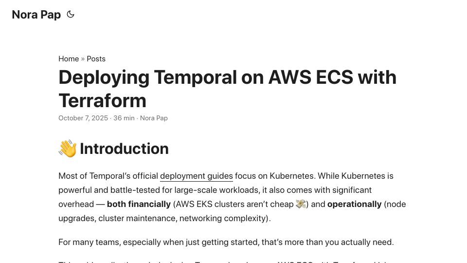 Screenshot of papnori.github.io: Deploying Temporal on AWS ECS with Terraform