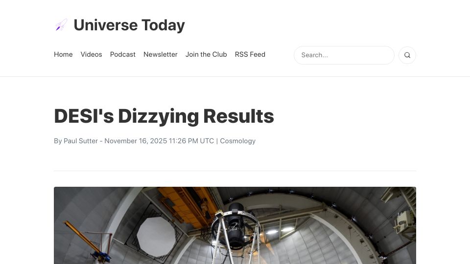 Screenshot of universetoday.com: DESI's Dizzying Results