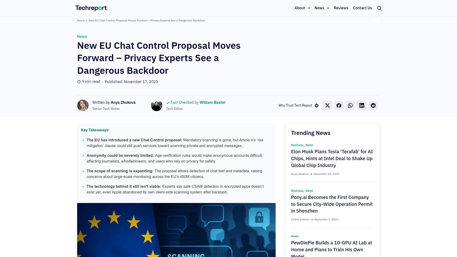 Screenshot of techreport.com: New EU Chat Control proposal moves forward