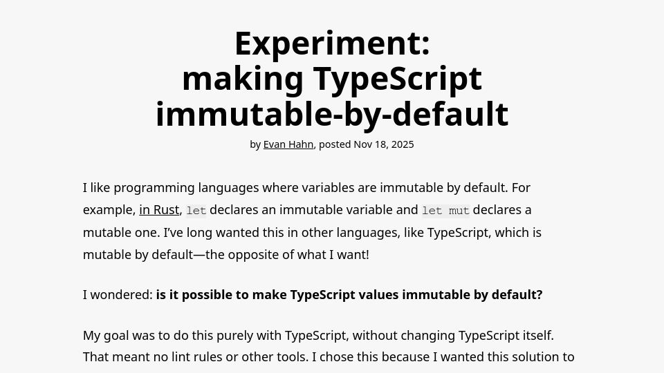 Screenshot of evanhahn.com: Experiment: Making TypeScript immutable-by-default