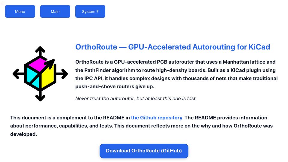 Screenshot of bbenchoff.github.io: OrthoRoute – GPU-accelerated autorouting for KiCad