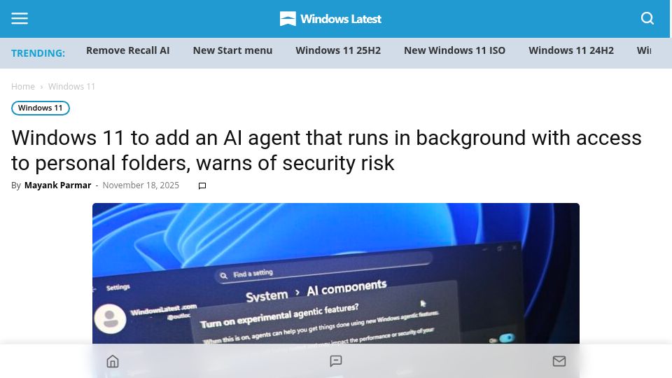 Screenshot of windowslatest.com: Windows 11 adds AI agent that runs in background with access to personal folders