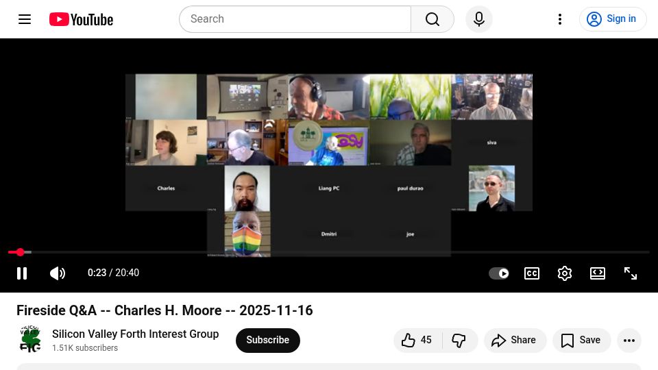 Screenshot of youtube.com: Chuck Moore: Colorforth has stopped working [video]