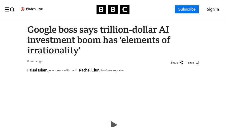 Screenshot of bbc.com: Google boss says AI investment boom has 'elements of irrationality'