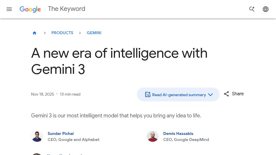 Screenshot of blog.google: Gemini 3