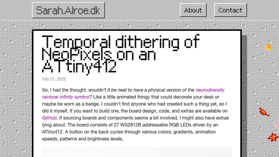 Screenshot of sarah.alroe.dk: Temporal Dithering of NeoPixels on an ATtiny412