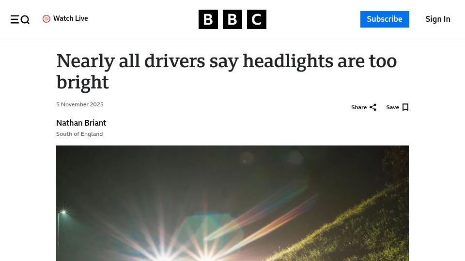 Screenshot of bbc.com: Nearly all UK drivers say headlights are too bright