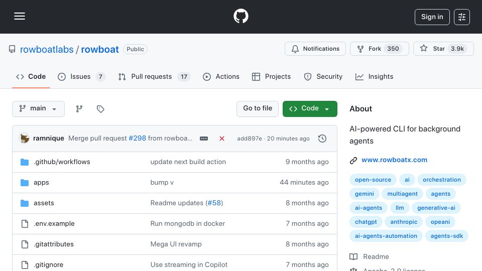 Screenshot of github.com: Show HN: RowboatX – open-source Claude Code for everyday automations