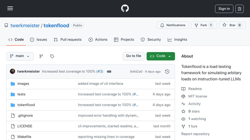 Screenshot of github.com: Show HN: Tokenflood – simulate arbitrary loads on instruction-tuned LLMs