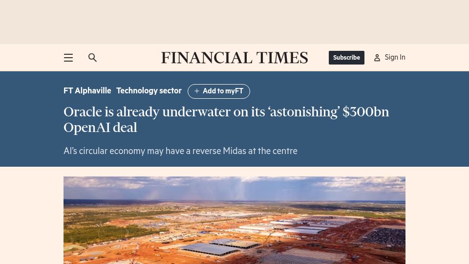 Screenshot of ft.com: Oracle is underwater on its $300B OpenAI deal