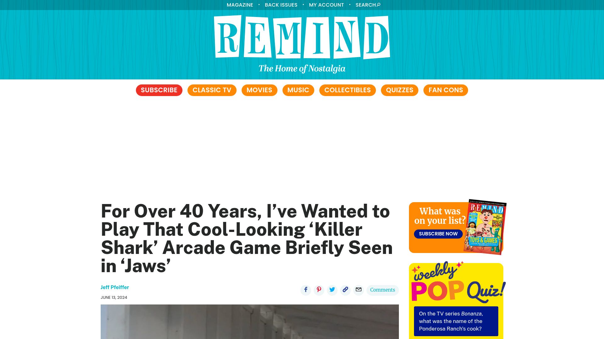 Screenshot of remindmagazine.com: I've wanted to play that 'Killer Shark' arcade game briefly seen in 'Jaws'