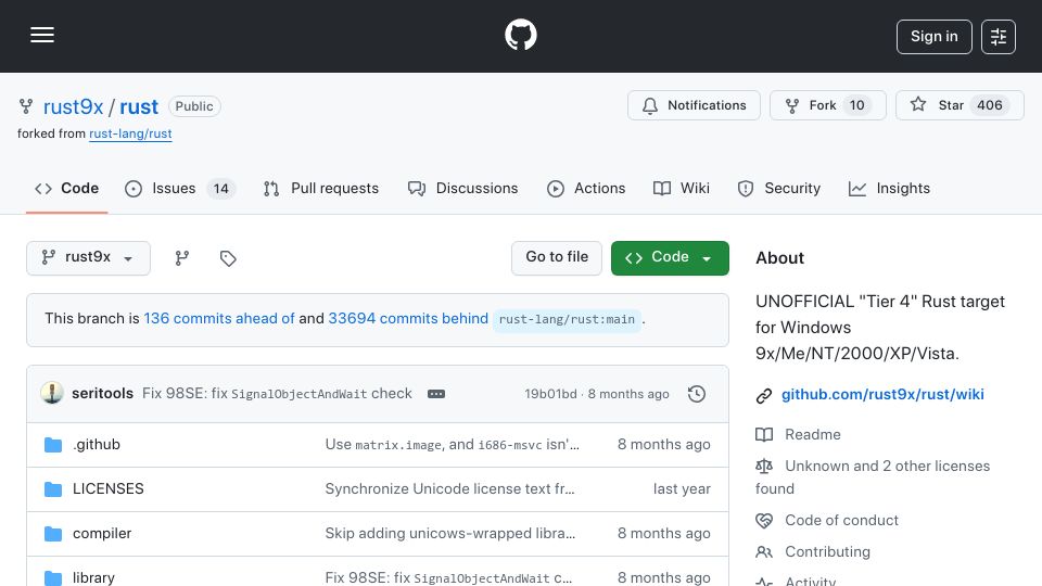 Screenshot of github.com: Unofficial "Tier 4" Rust Target for older Windows versions