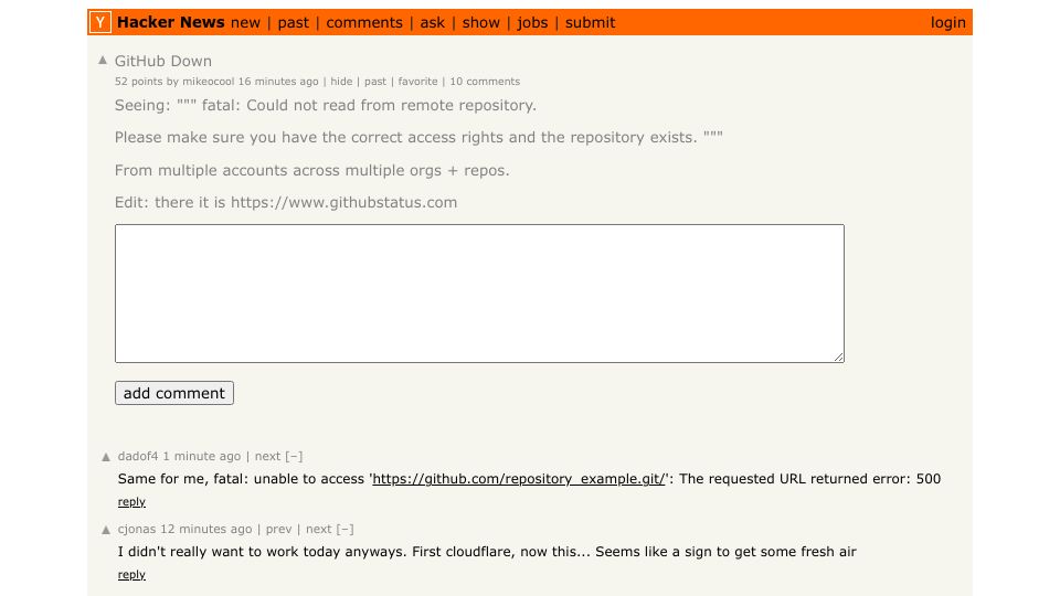 Screenshot of Hacker News post: GitHub Down