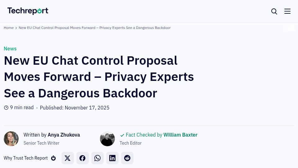 Screenshot of techreport.com: New EU Chat Control proposal moves forward