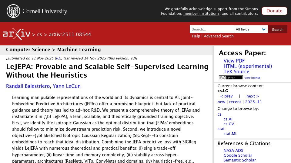 Screenshot of arxiv.org: LeJEPA: Provable and Scalable Self-Supervised Learning Without the Heuristics