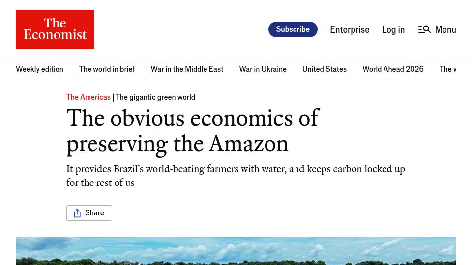 Screenshot of economist.com: The obvious economics of preserving the Amazon