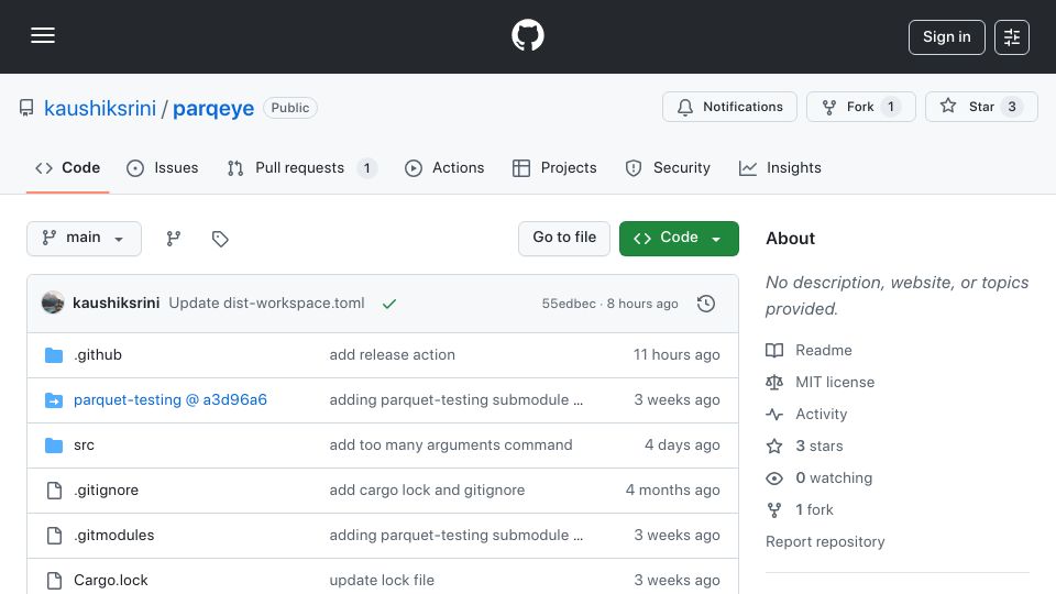 Screenshot of github.com: Show HN: Parqeye – A CLI tool to visualize and inspect Parquet files