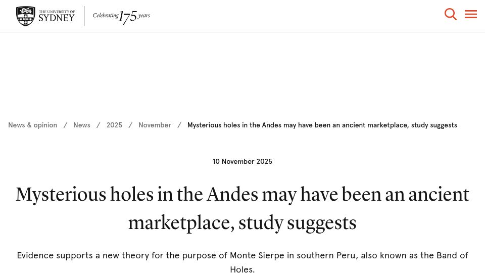 Screenshot of sydney.edu.au: Mysterious holes in the Andes may have been an ancient marketplace
