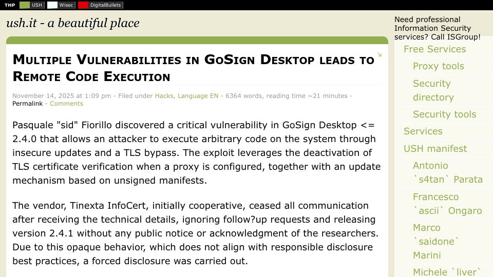 Screenshot of ush.it: GoSign Desktop RCE flaws affecting users in Italy